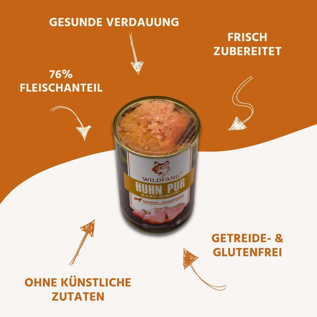 Premium canned dog food with pure chicken, high meat content, and grain-free, ideal for adult dogs.