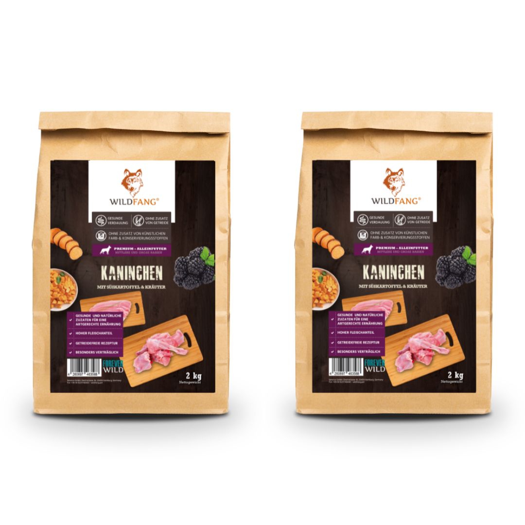 Adult Trockenfutter Sparpack 2 x 2 kg mit Kaninchen- getreidefrei-Hundefutter-Wildfang-