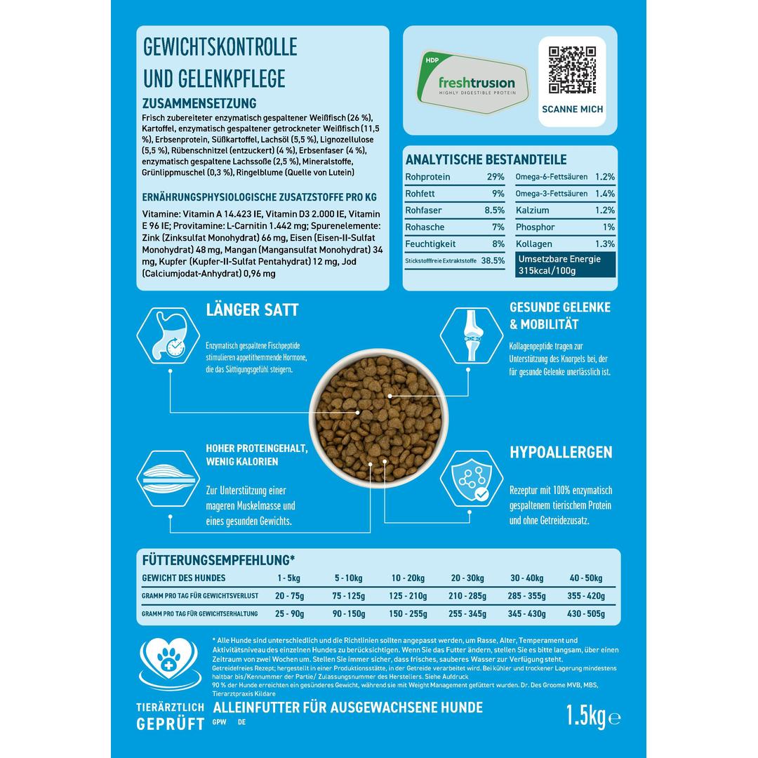 VetLine Trockenfutter mit Peptiden für Hunde - Gewichtskontrolle und Gelenkpflege - 2 x 1,5 kg-Hundefutter-Wildfang Petcare GmbH-